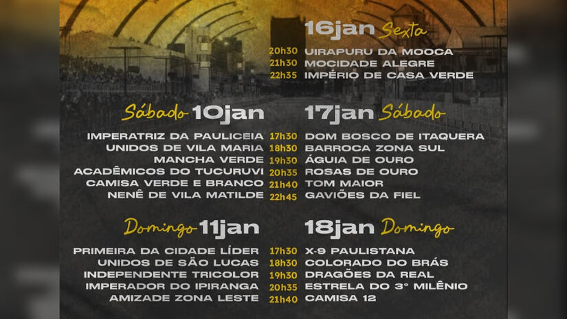 Confira a programação de ensaios técnicos no Anhembi, em São Paulo.