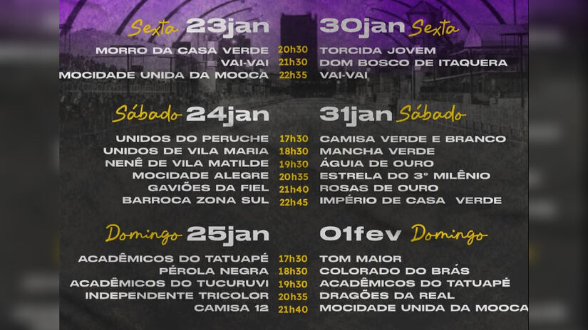 Datas dos ensaios de 23, 24, 25, 30, 31 de janeiro e 1º de fevereiro. Todos os ensaios têm entrada gratuita - (Fotos: Reprodução)