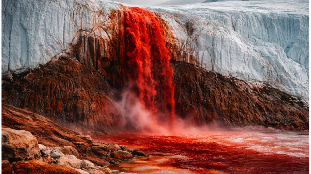 O contraste surreal da Cascata de Sangue: o tom avermelhado surge quando a salmoura rica em ferro da Geleira Taylor encontra o oxigênio após milhões de anos. | Foto: Reprodução/YouTube