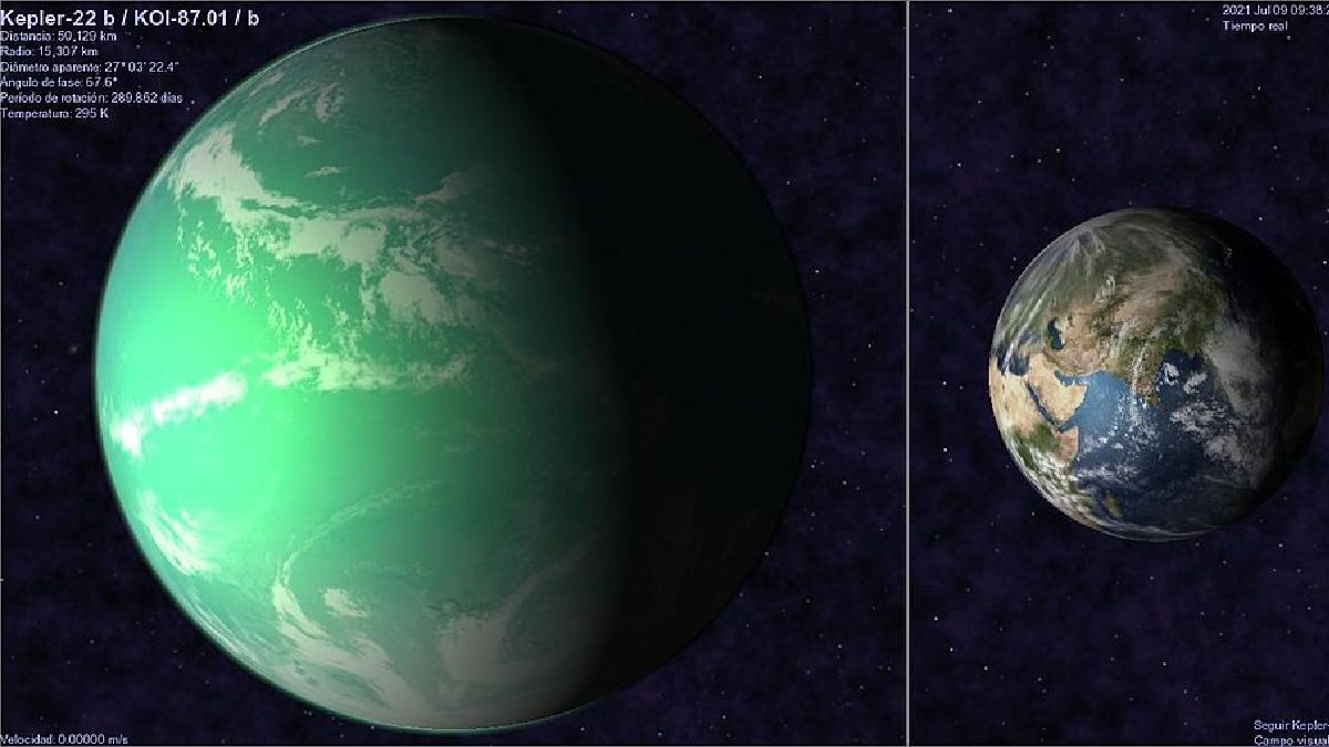 Comparação entre Kepler-22b e a Terra (Imagem: Piquito veloz / Wikimedia Commons)