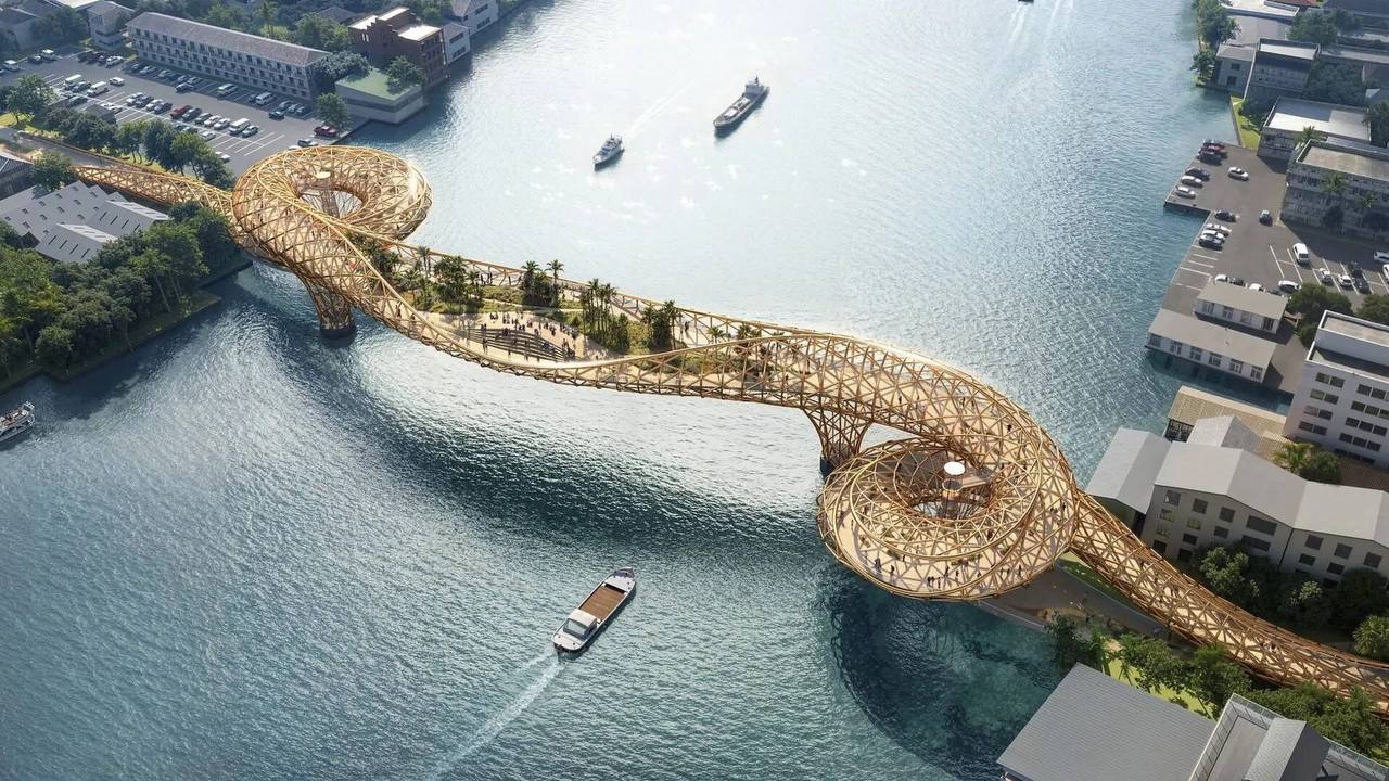 Vista do conceito arquitetônico da ponte que pode se tornar novo marco urbano em Bangkok - Reprodução/Facebook/Thailand Update