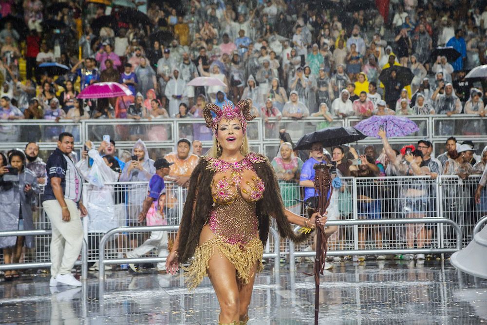 Ana Beatriz Godoi, rainha de bateria da Rosas de Ouro, deu um verdadeiro show de samba no pé, carisma e ousadia durante o ensaio técnico da escola, realizado no último sábado (17/1), no Sambódromo do Anhembi.