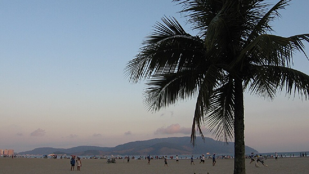 A Praia do Gonzaga fica em uma das áreas mais movimentadas de Santos, com comércio, serviços e muita opção para resolver tudo a pé. (Foto: Antonio José Lopes / Wikimedia Commons)