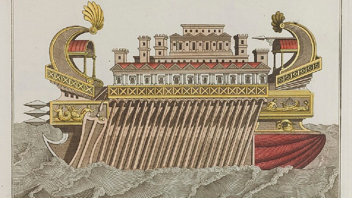 Gravura de uma grande embarcação cerimonial da era ptolomaica, com perfil de "palácio flutuante" (Foto: Robert von. Spalart / Wikimedia Commons)