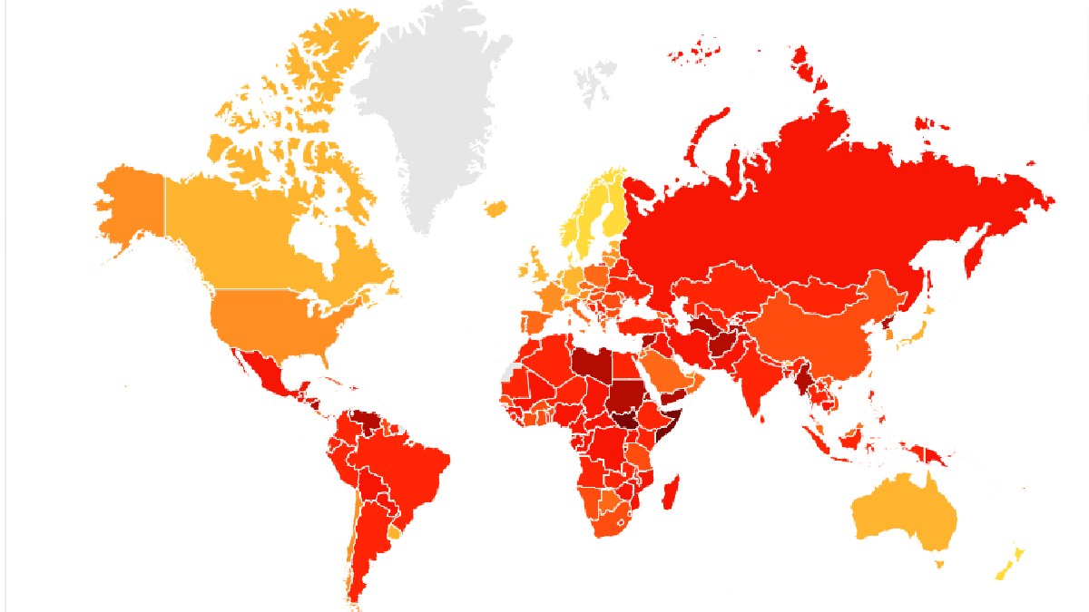Mapa-múndi representando os resultados de todos os países em escala. Quanto mais escuro o tom de vermelhor, menor o IPC adquirido por aquele país (Imagem: Divulgação / Transparência Internacional)