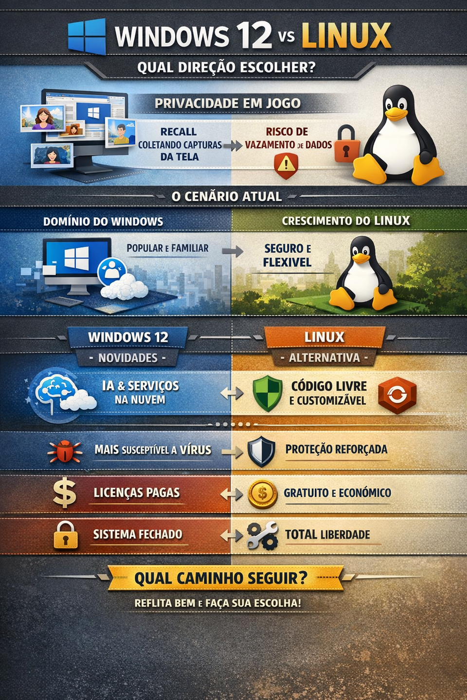 Infográfico gerado por IA - Comparativo windows e Linux