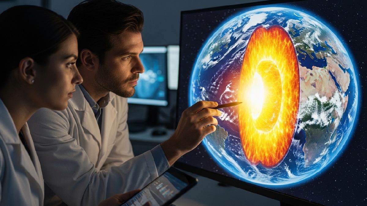 Pesquisas sugerem que a mudança na rotação do núcleo da Terra pode fazer parte de um ciclo de 70 anos, com oscilações periódicas que influenciam a dinâmica do globo. Foto: Ilustração/Gazeta de S. Paulo