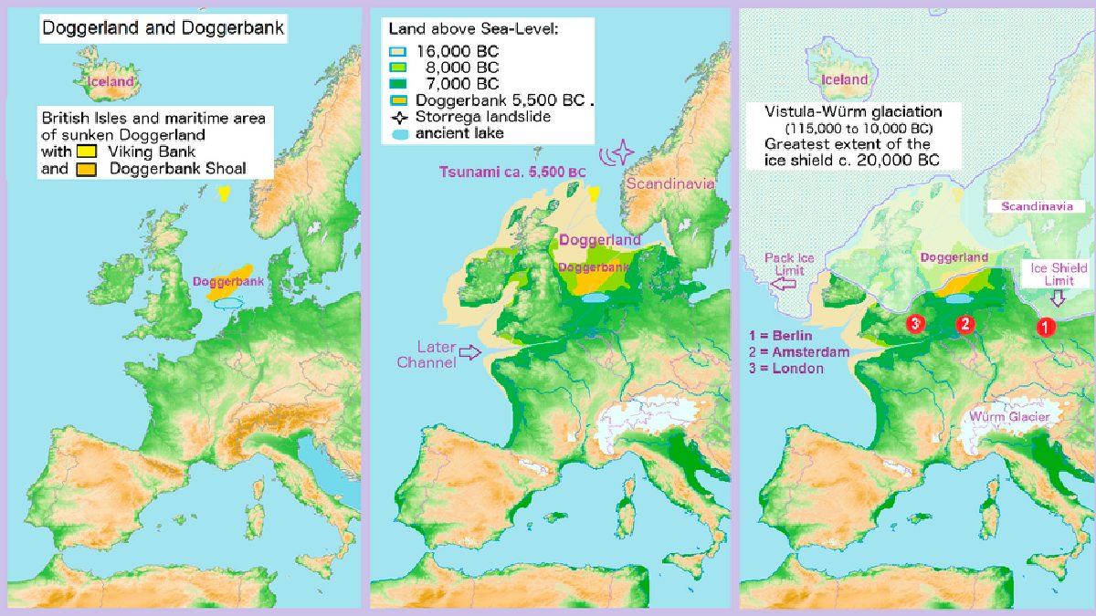 Comparação da situação geográfica em 2000 com a maior extensão da camada de gelo Weichseliana-Würm