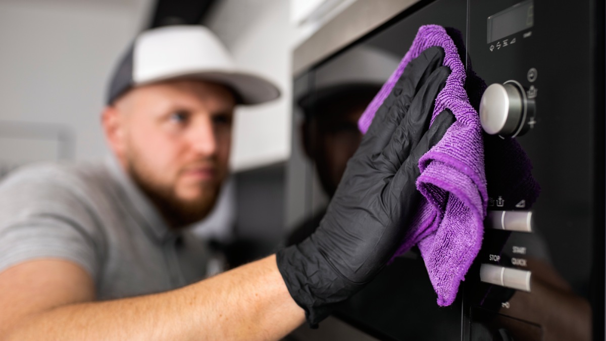 Com o tempo, respingos de alimentos e gordura ficam grudados nas paredes internas do micro-ondas e criam manchas difíceis de remover