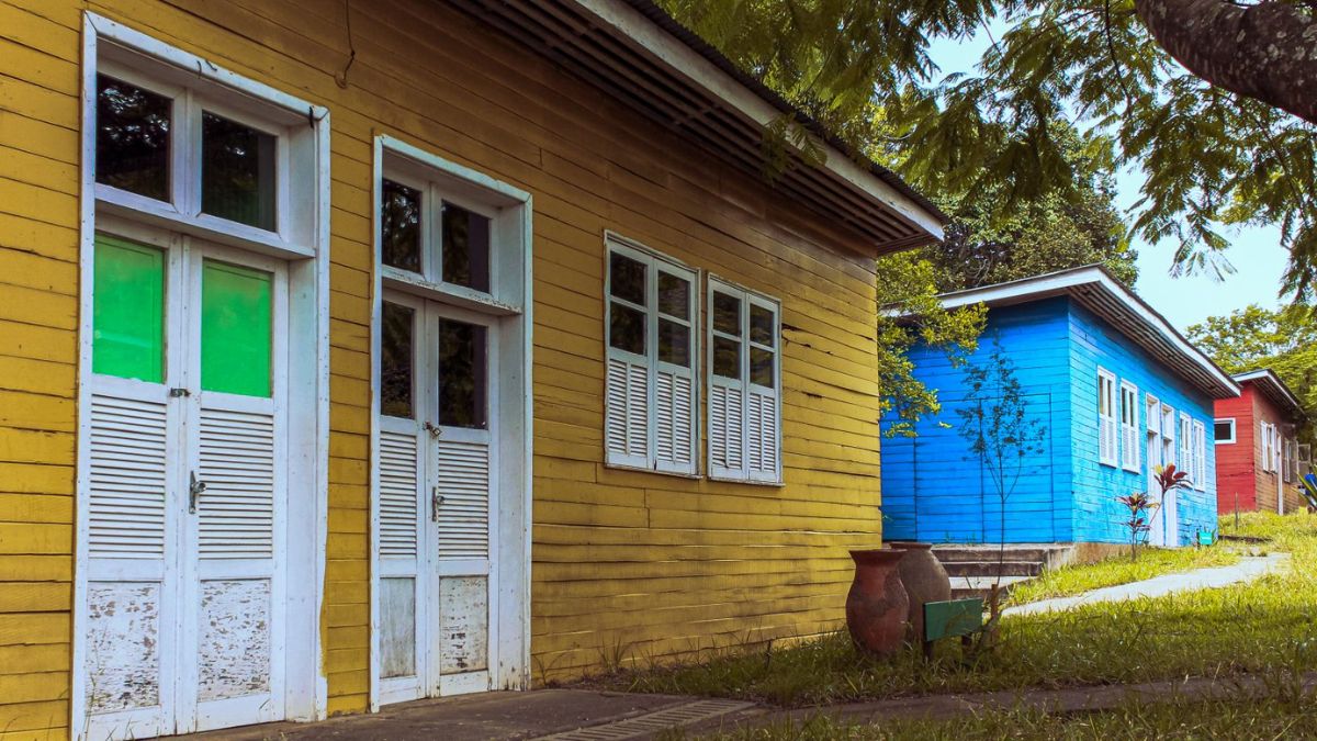 Conjunto de casas de madeira preservadas pelo Museu Vivo da Memória Candanga, um contraste rústico com a modernidade de Brasília.Reprodução/ Secretaria de Estado de Cultura e Economia Criativa (Secec)
