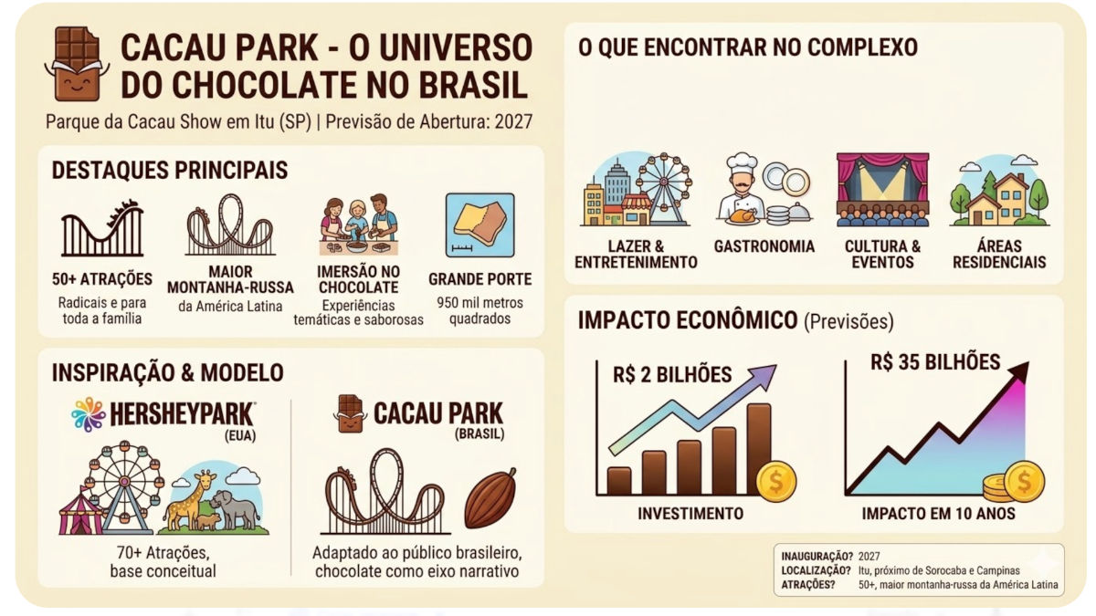 Infográfico com o projeto visual e as atrações do futuro Cacau Park em Itu, interior de São Paulo
