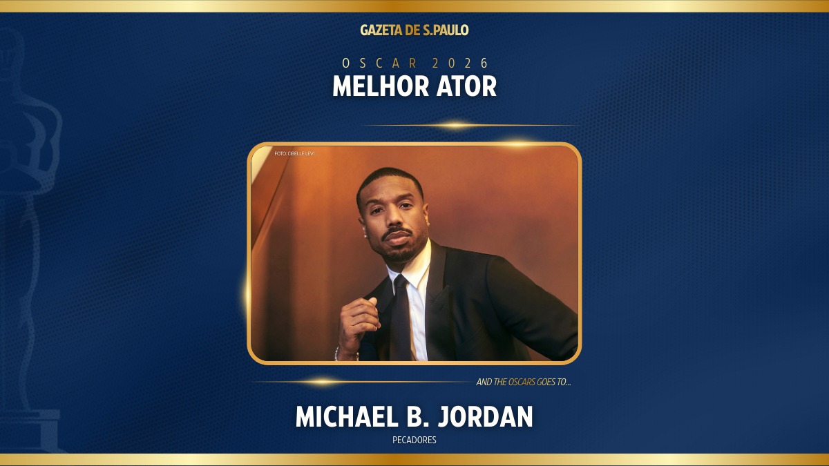 Michael B. Jordan levantou a estatueta de Melhor Ator no Oscar 2026. Arte/Gazeta de S.Paulo
