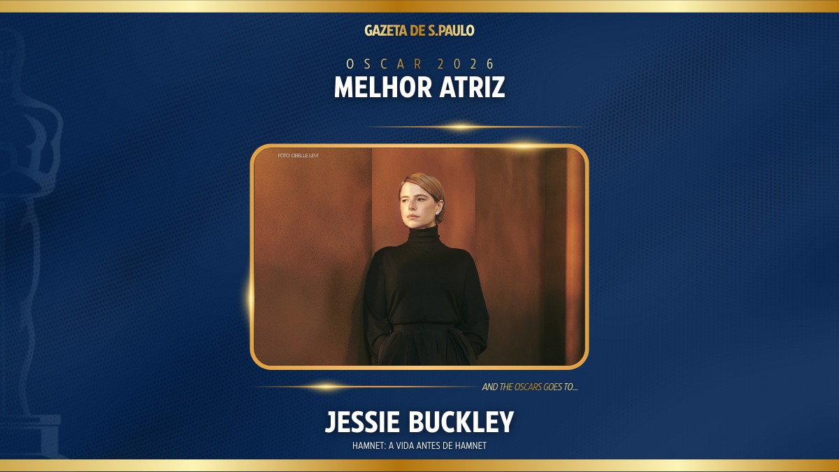 Jessie Buckley foi a grande vencedora da categoria de Melhor Atriz no Oscar 2026. Arte/Gazeta de S.Paulo