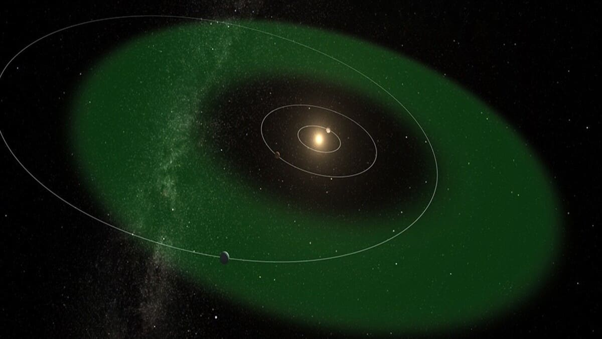 Ilustração do HD 20794 d orbitando sua estrela, destacando a região habitável onde a presença de água líquida pode ser possível.