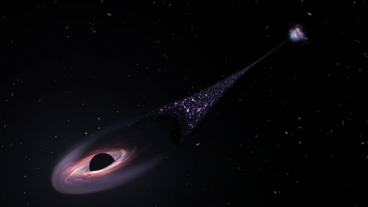 Um evento raro observado em 2025 confirmou uma previsão feita por Stephen Hawking em 1971 sobre buracos negros (Foto:NASA/ESA/Leah Hustak)