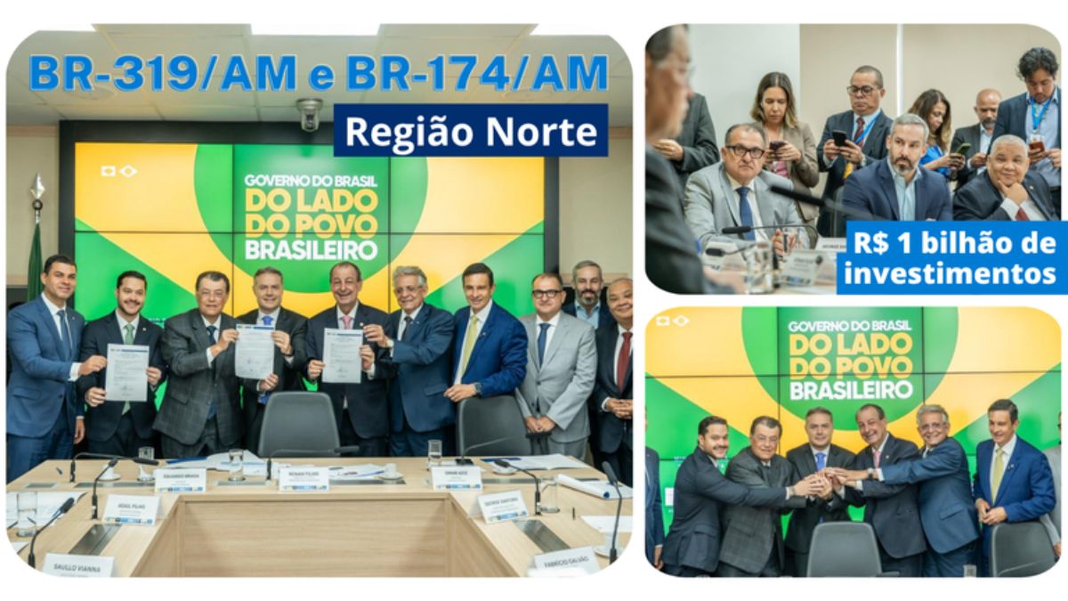 Ministros e parlamentares durante a assinatura do acordo que prevê R$ 1 bilhão em investimentos para obras de infraestrutura na Região Norte, incluindo o edital de pavimentação da BR-319. Divulgação/DNIT