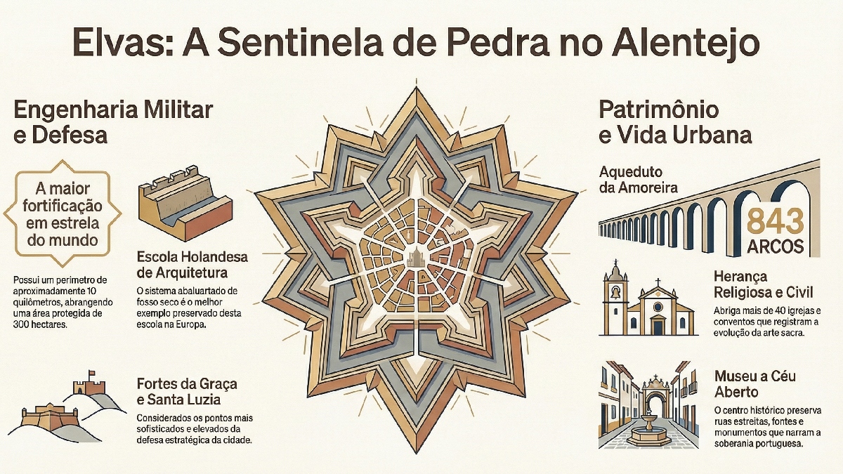 Atualmente, Elvas atrai visitantes interessados em turismo de herança e arquitetura, oferecendo uma jornada autêntica pela formação das fronteiras da Península Ibérica - (Ilustração/Gazeta de S.Paulo)
