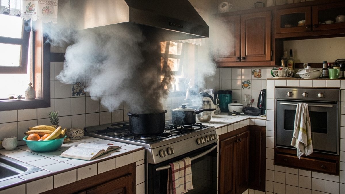 O odor costuma persistir quando fumaça e gordura ficam em fogão, armários, panos, cortinas e estofados.