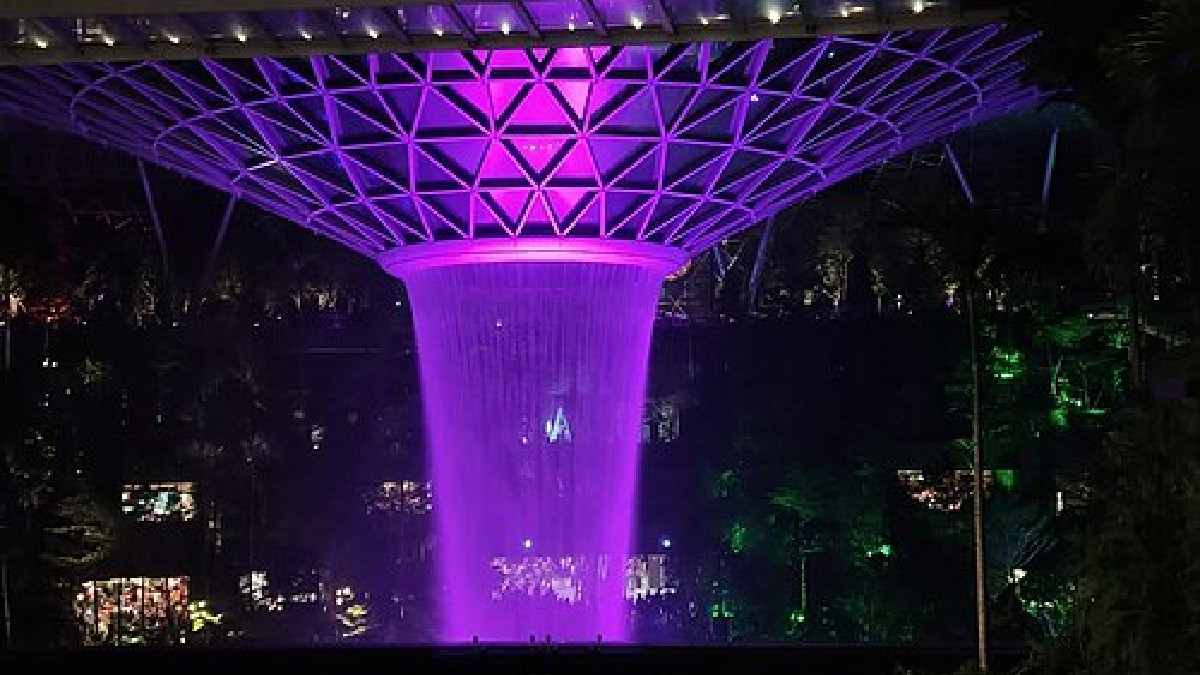 Durante a noite e eventos específicos, a equipe do Changi acende luzes neon que mudam a cor da cachoeira (Foto: Bennv3771 / Wikimedia Commons)