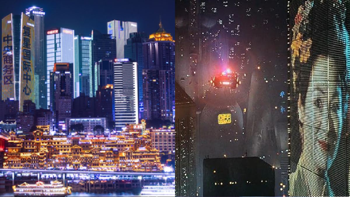 Comparação de Chongqing com uma cidade cyberpunk fictícia do filme 'Blade Runner', um dos principais marcos desse gênero (Foto: Maple Doctor / Wikimedia Commons / Divulgação / IMDb)
