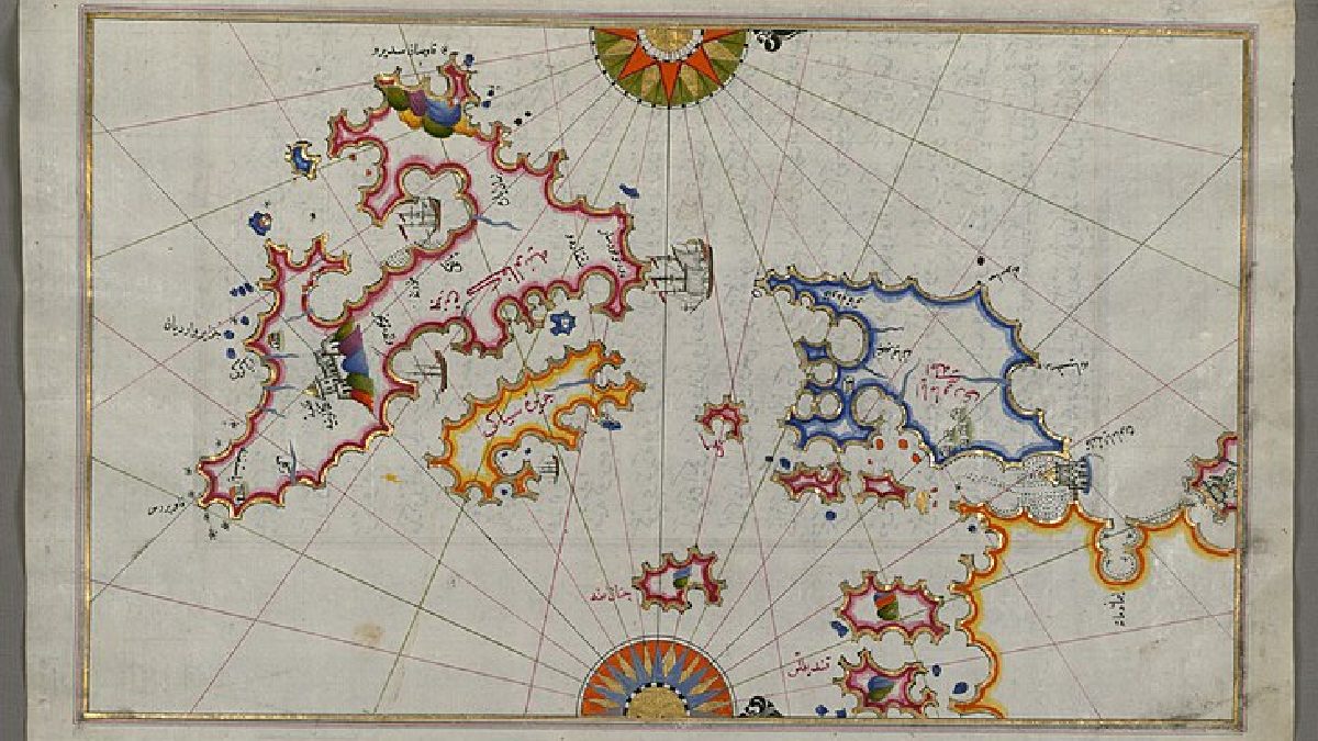 O mapa de Piri Reis mostra Cefalônia, Ítaca e ilhas próximas no oeste da Grécia, região que manteve o nome de Odisseu vivo na geografia e na memória (Foto: Piri Reis / Wikimedia Commons)