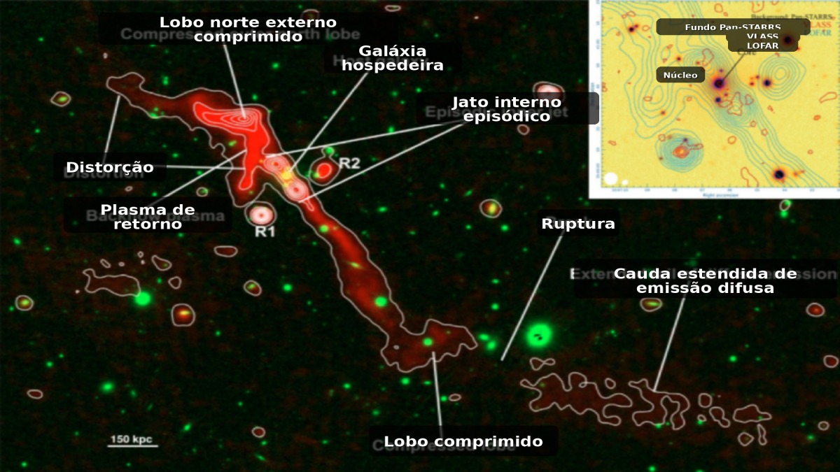 Mapa traçado pelos pesquisadores a partir dos dados coletados do LOFAR e do uGMRT (Foto: Divulgação / Estudo | Tradução feita pela Gazeta de S.Paulo)