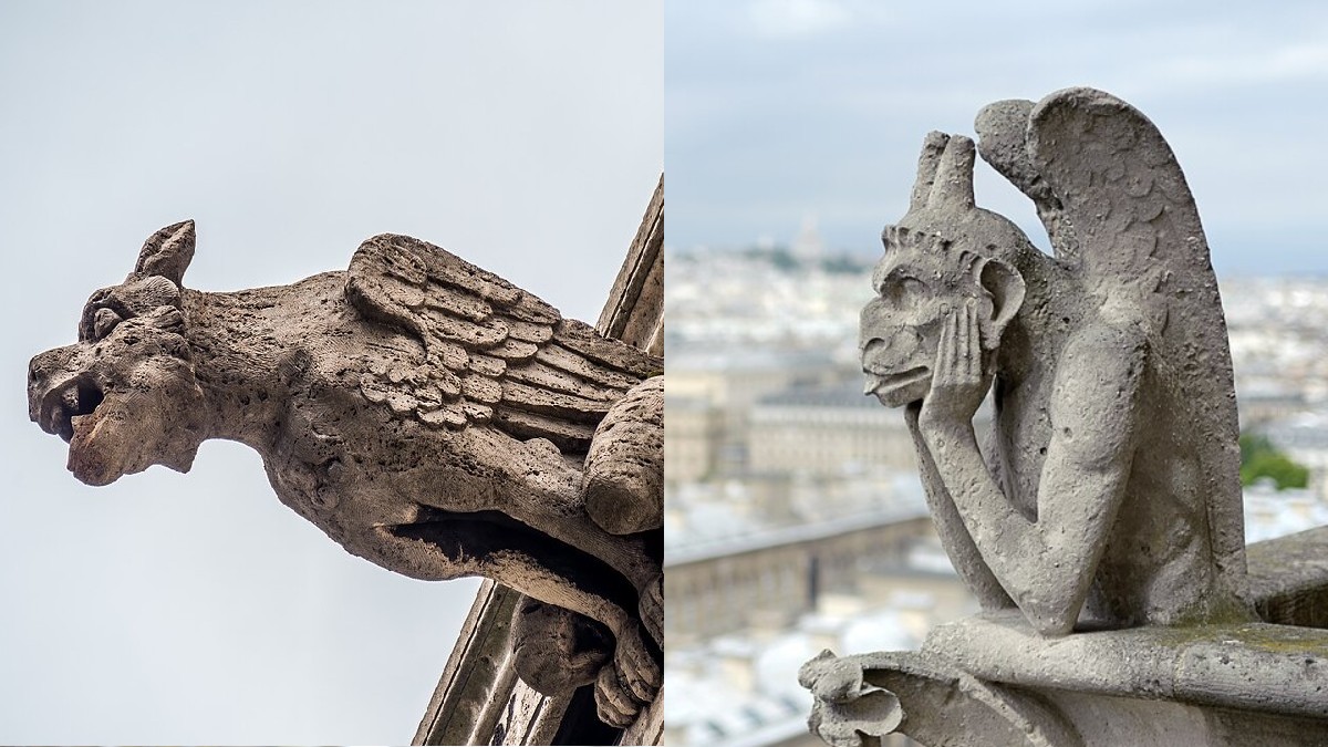 Comparação entre uma gárgula, à esquerda, e um grotesco, à esquerda (Foto: Ermell / Jawed Karim / Wikimedia Commons)