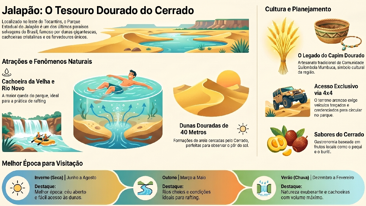Localizado no leste do Tocantins, o Parque Estadual do Jalapão combina dunas douradas de até 40 metros de altura com os famosos fervedouros. - (Ilustração/Gazeta de S.Paulo)