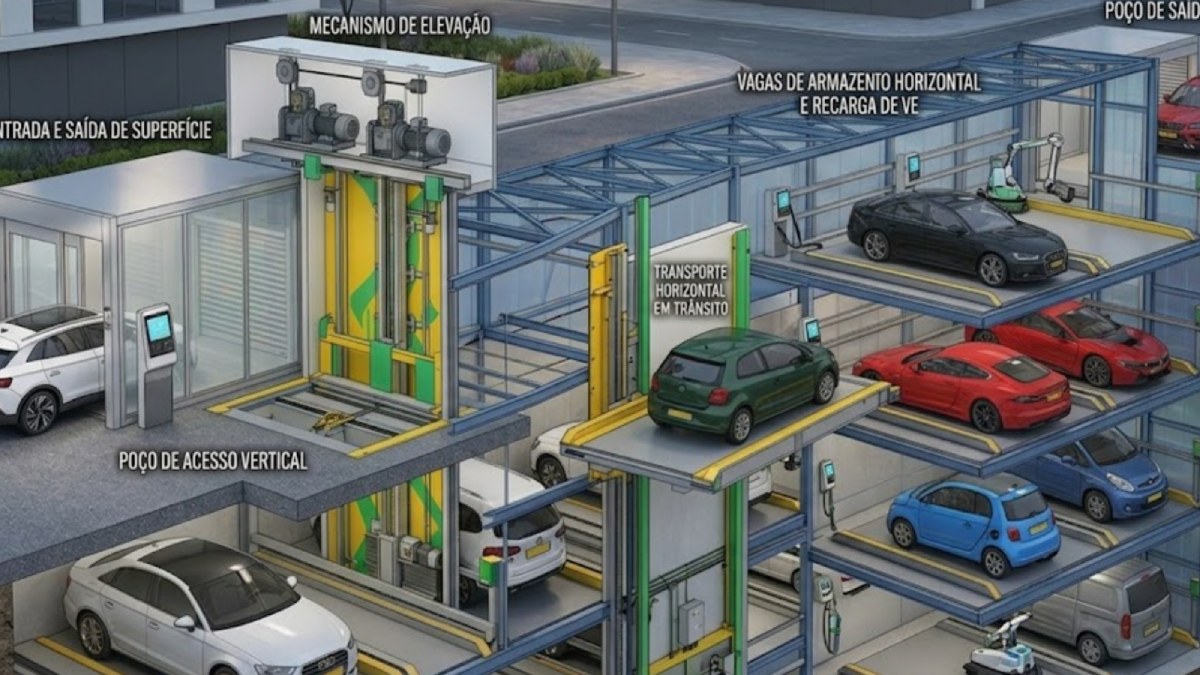 Garagens robotizadas usam cabine, sensores e elevadores para guardar e devolver veículos de forma automática, com foco em praticidade e melhor aproveitamento da área. Imagens: Ilustração/Gazeta de S. Paulo