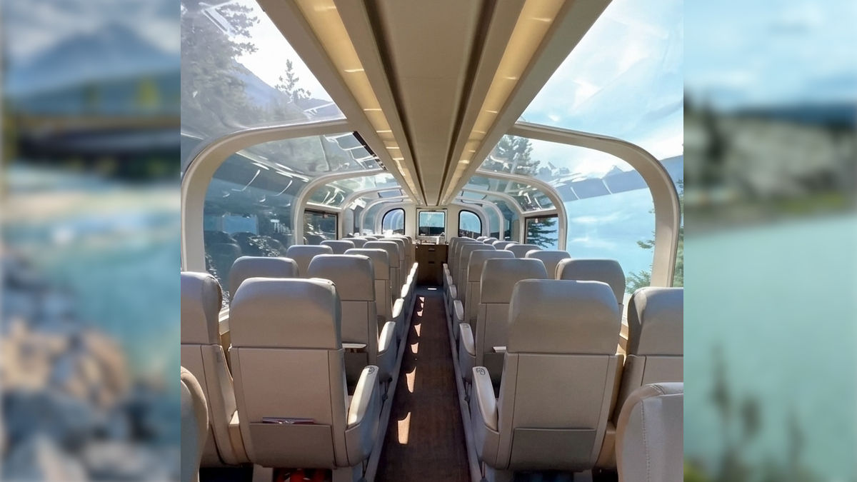O Rocky Mountaineer é amplamente considerado o trem mais luxuoso do Canadá. Ele foca totalmente na experiência do passageiro, com vagões de dois andares, cúpulas de vidro e serviço de refeições gourmet incluído no pacote. Foto: Reprodução/Instagram/Global Viagem