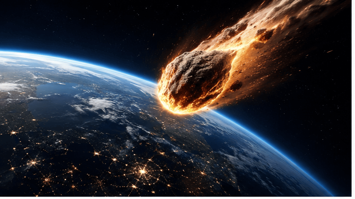 Asteroide iluminado pelo Sol em imagem que simula aproximação da Terra - imagem gerada por inteligência artificial