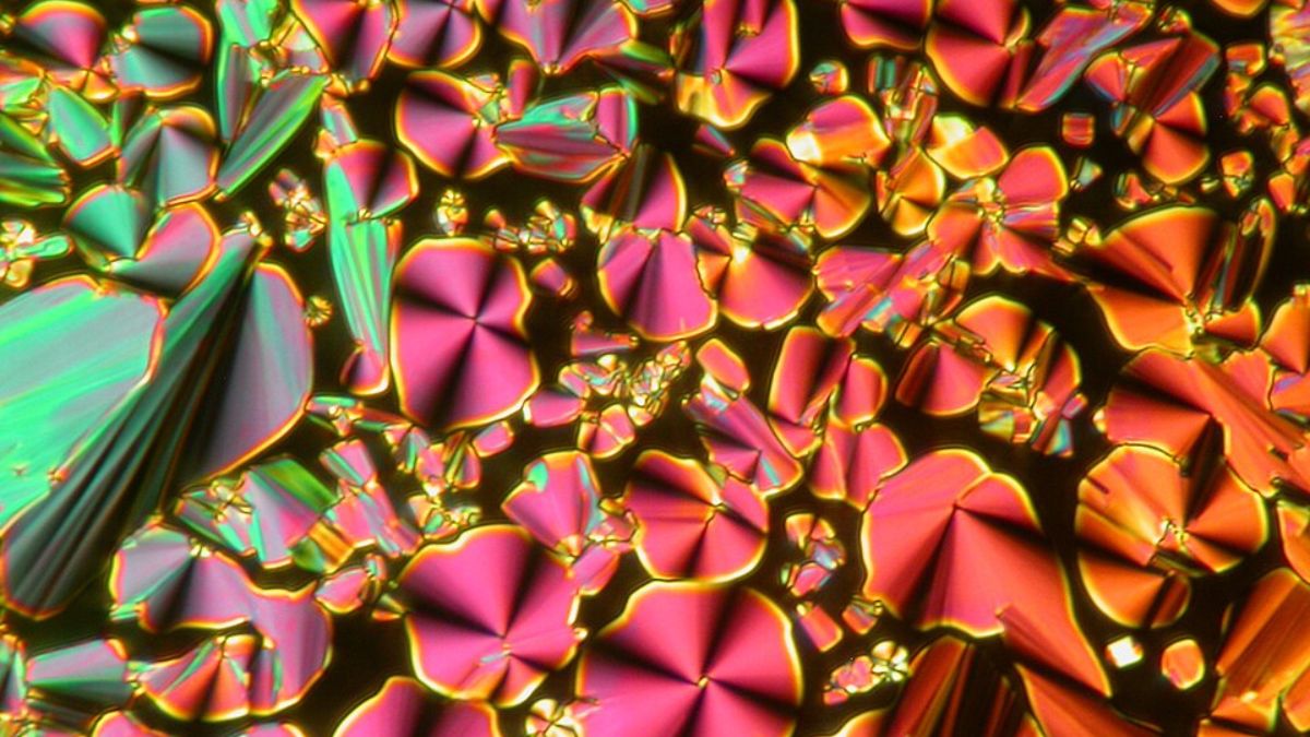 Texturas coloridas de cristais líquidos ajudam a visualizar como materiais aparentemente simples podem esconder padrões complexos quando observados em laboratório (Foto: Wikimedia Commons/Alexprague)