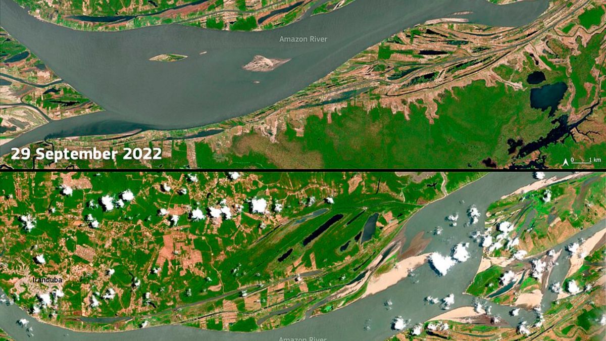 Imagens de satélite ajudam a medir a redução do nível dos rios e mostram como a seca pode afetar navegação, agricultura e abastecimento (Foto: European Union, Copernicus Sentinel-2 imagery / Wikimedia Commons)