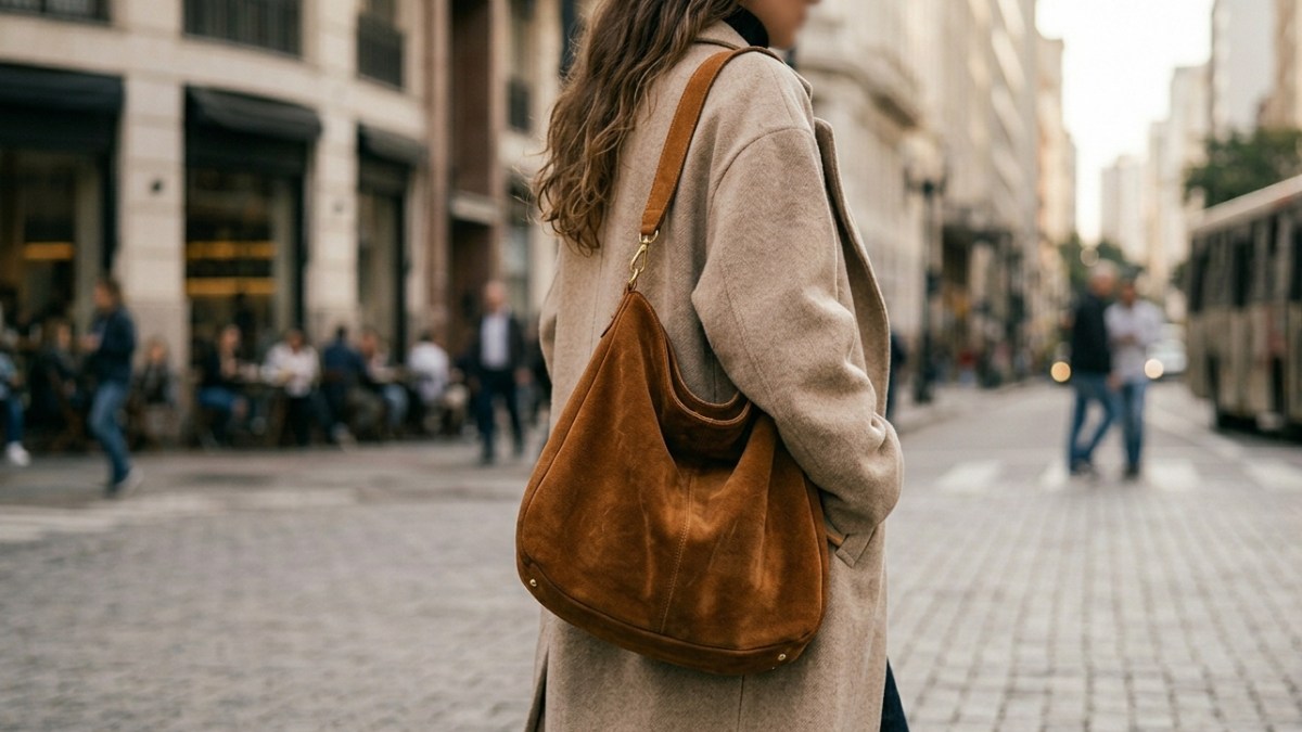 As bolsas hobo de camurça ganharam espaço nas coleções de moda, redes sociais e looks de influenciadoras nos últimos meses (Foto: gerada por IA)