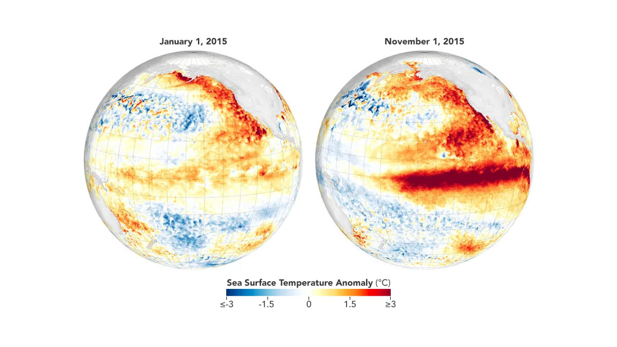O El Niño pode aumentar o risco de temporais, enchentes, deslizamentos, ondas de calor e períodos de seca em diferentes regiões do país - Divulgação/Mur Sst