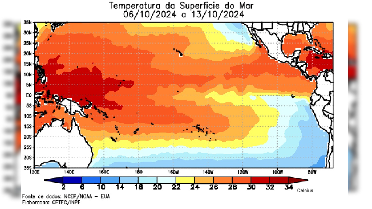 Temperatura da superfície do mar. Foto: Reprodução/INPE