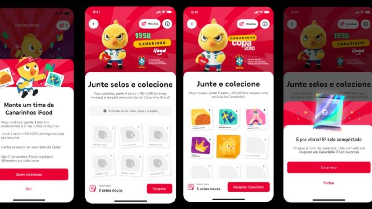 Todos os 'passos' da campanha são integrados ao aplicativo do iFood; a cada compra na plataforma, o consumidor acumula selos, e, ao juntar cinco unidades, poderá resgatar um Canarinho.