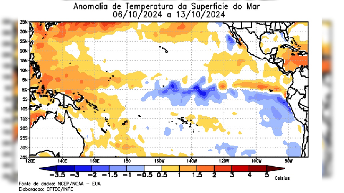 Anomalia da temperatura da superfície do mar. Foto: Reprodução/INPE