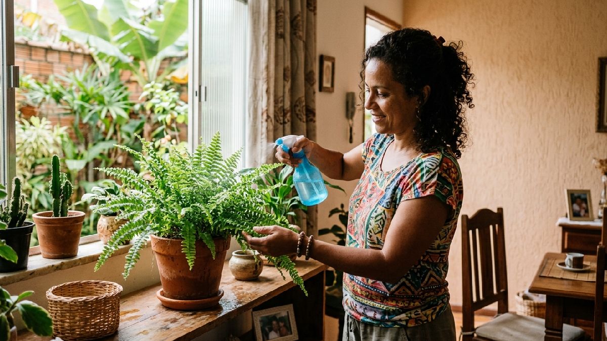 Hidratação correta: borrifar água diretamente na folhagem ajuda a manter a planta vistosa e evita o ressecamento das pontas. Foto: Ilustração/Gazeta de S. Paulo