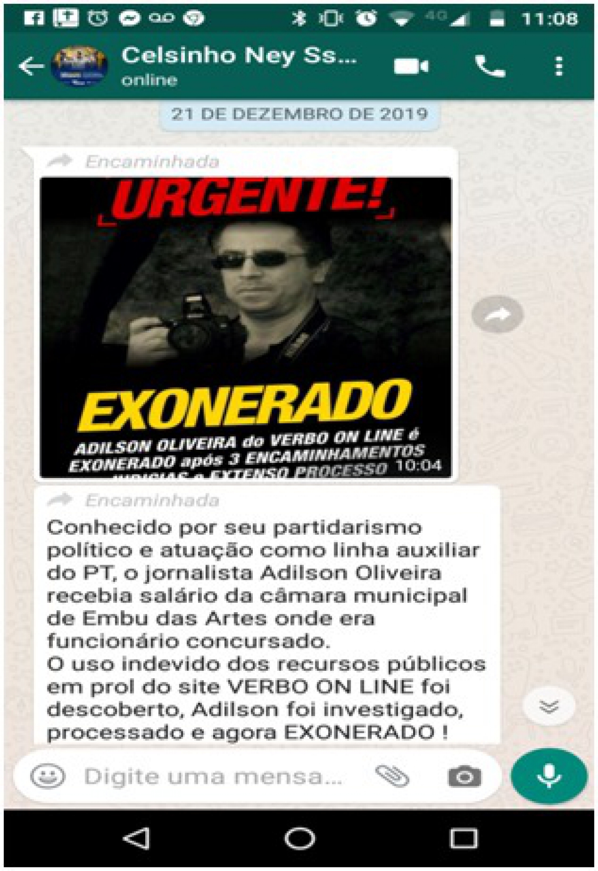 Secretário de Serviços Urbanos de Embu das Artes, Celso Vasconcelos dos Santos, o Celsinho, divulgando a exoneração pelo WhatsApp Macaque in the trees
