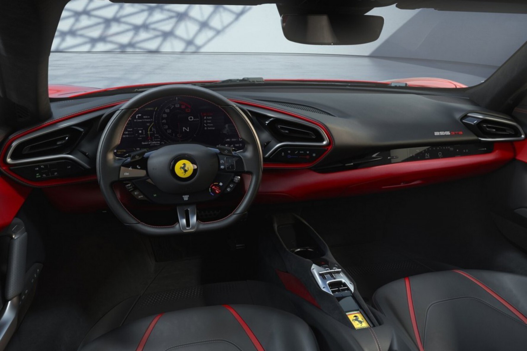Por dentro, o 296 GTB tem uma interface totalmente digital - estreante no F90 Stradale -, com um display head-up integrado ao acabamento de couro do painel Macaque in the trees