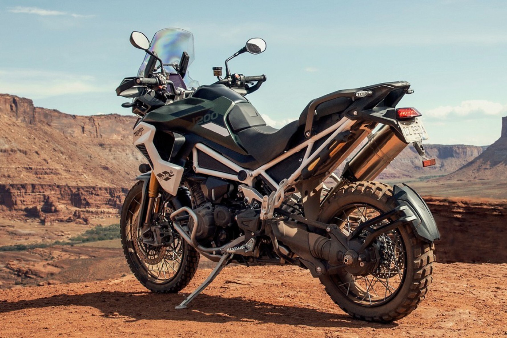 A Tiger 1200 Rally Pro traz, pela primeira vez, uma configuração exclusiva de rodas raiadas sem câmara com 21 polegadas na dianteira e 18 polegadas na traseira Macaque in the trees